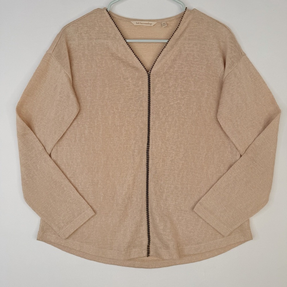 SOFT‎ SURROUNDINGS Okko Knit Top Beaded Embellished V Neck Beige SZ-XS Petite